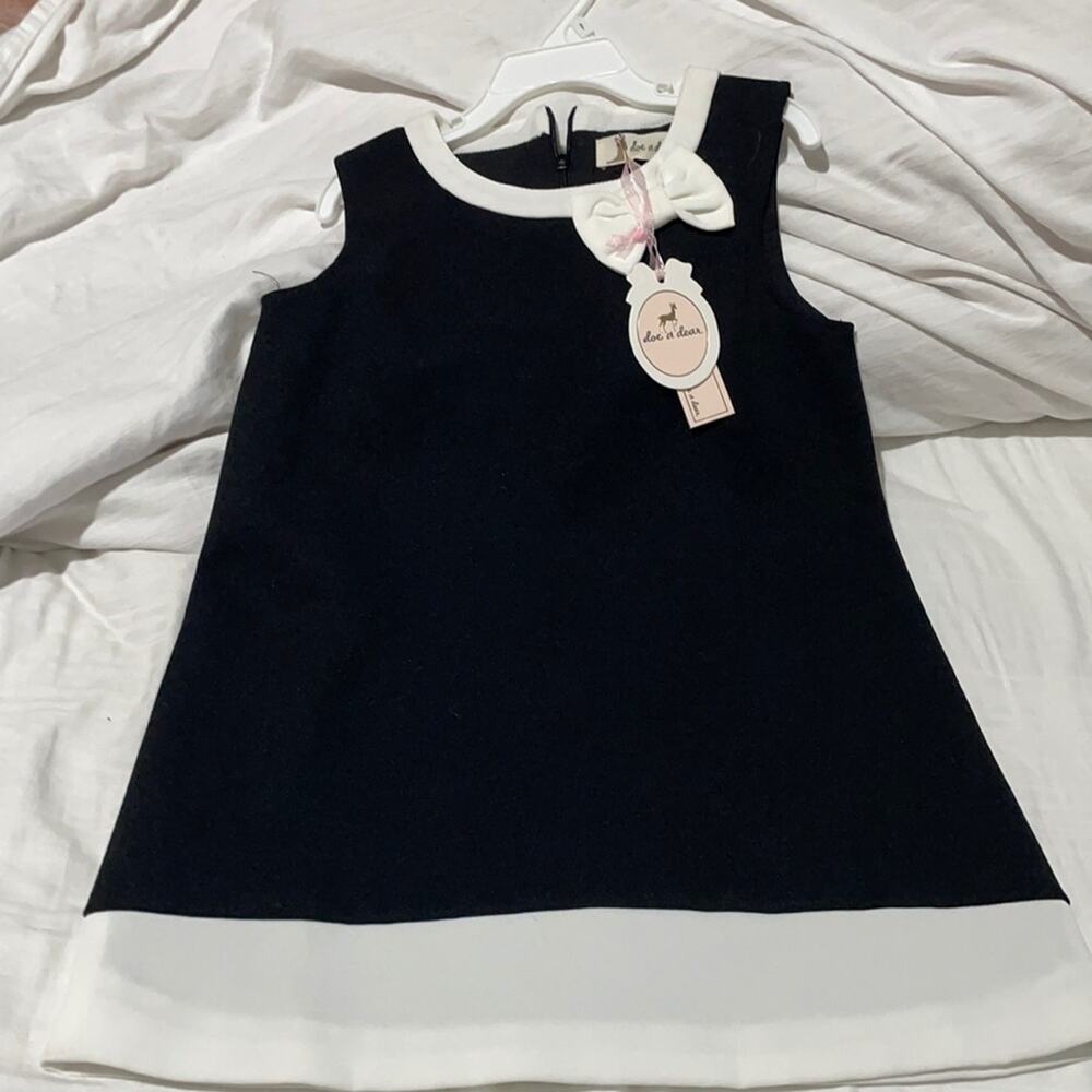 Doe A Dear 5 black a line shift dress white hemline and neckline bow nwt lined